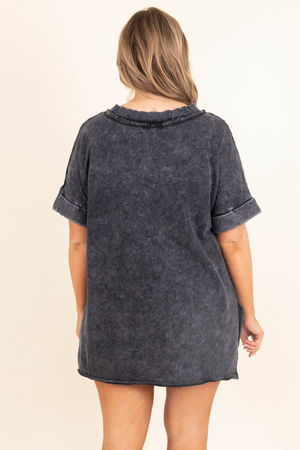 Gray Mineral Wash Distressed Slit Patch Pocket Oversize Tee